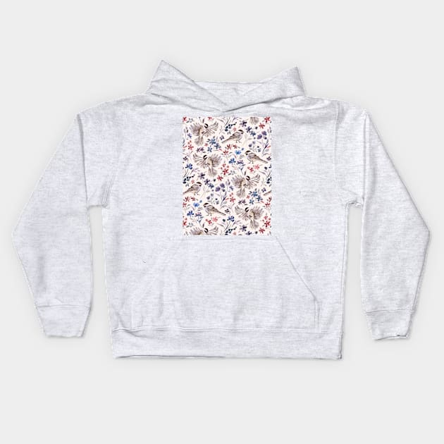 Chickadees and Wildflowers on cream Kids Hoodie by micklyn